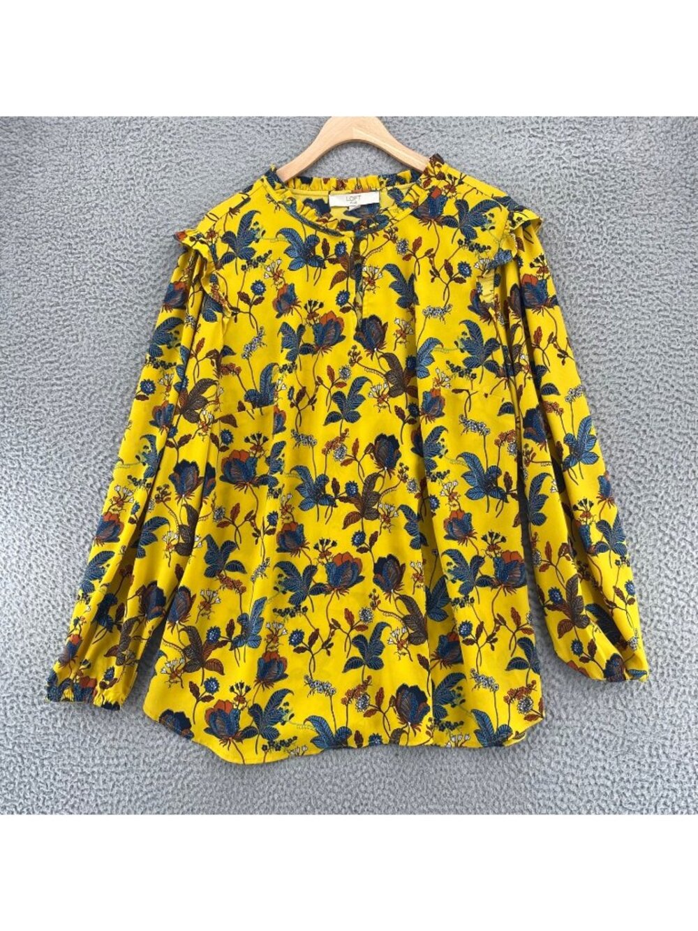 LOFT Top Women 16 Yellow Floral Chiffon Ruffle Keyhole Round Neck Balloon Sleeve